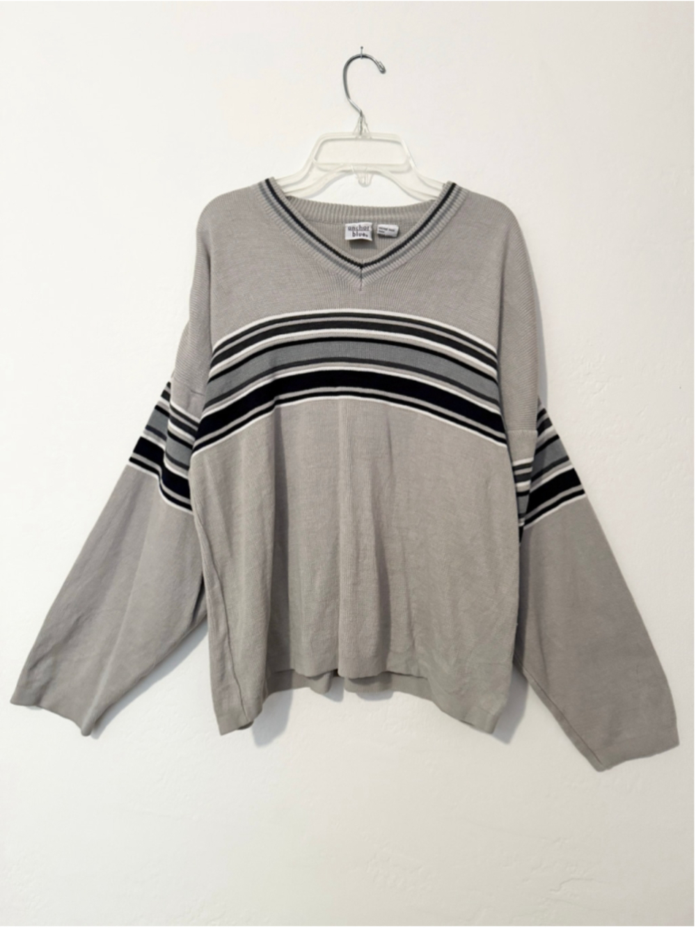 Anchor Blue V-Neck Sweater, Size L, Grey and Black Striped